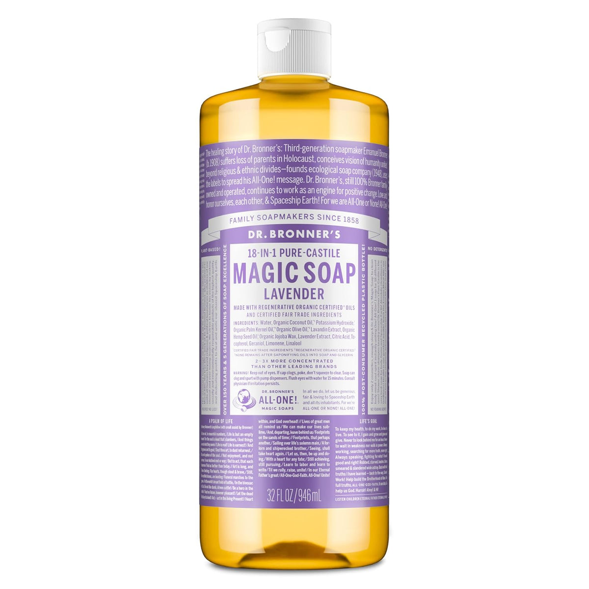 Dr. Bronner's Pure-Castile Liquid Soap, Made with Organic Oils, 18-in-1 Uses: Face, Body, Hair, Laundry, Pets and Dishes, Concentrated, Vegan, Non-GMO, Lavender, 32 Oz