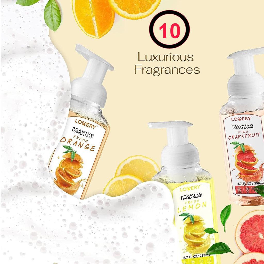 Foaming Hand Soap 10 Pack, Moisturizing W Aloe Vera & Essential Oils - Alcohol-Free Citrus Blend, Lemon, Orange, Lime, Grapefruit, Black Cherry Fragrances & More Hand Wash for Kitchen and Bathroom