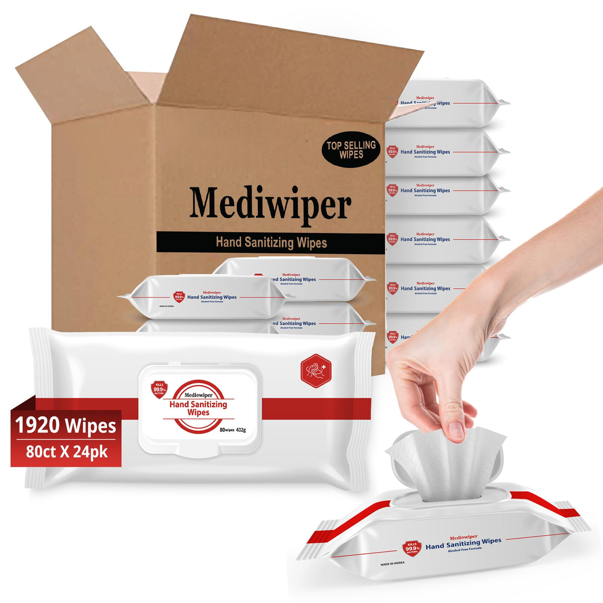 MEDIWIPER 80ct Unscnted Alcohol-Free Hand Sanitizing Wipes, Wet Wipe, Hand Sanitizer (320 Wipes (80 * 4))