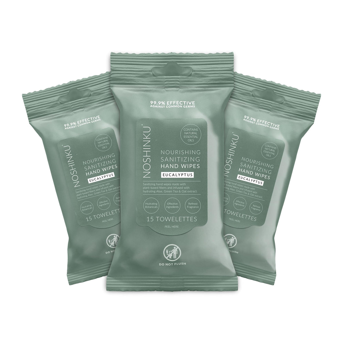 Noshinku Discovery Hand Sanitizer Wipes, 3-Pack (45 Towelettes) – Resealable Travel Wipes with Ethyl Alcohol, Aloe & Green Tea, Plant-Based Fiber, Essential Oil Scents, Cruelty-Free & No Dyes