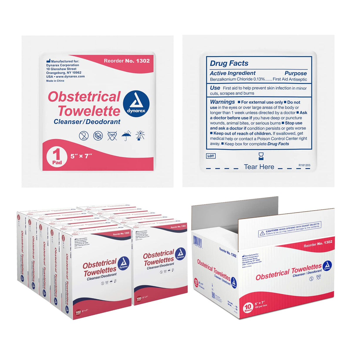 Dynarex 5 x 7" Obstetrical Towelettes - Benzalkonium Chloride Wipes with 5% Alcohol - Pre-Moistened, Scented & Individually Wrapped Sanitizing Wipes - 1 Box of 100 Wipes