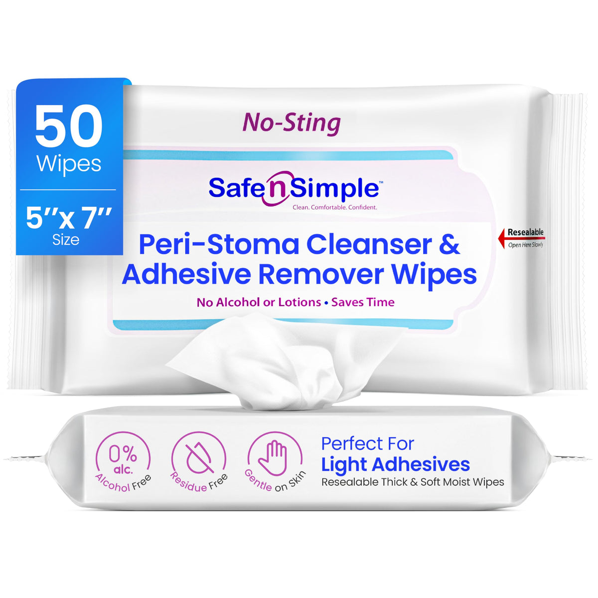 Safe n' Simple Adhesive Remover for Skin - 5"x7" 50 Wipes - Stoma Adhesive Remover Wipes - Alcohol Free Wipes for Sensitive Skin - No Sting Adhesive Remover Wipes