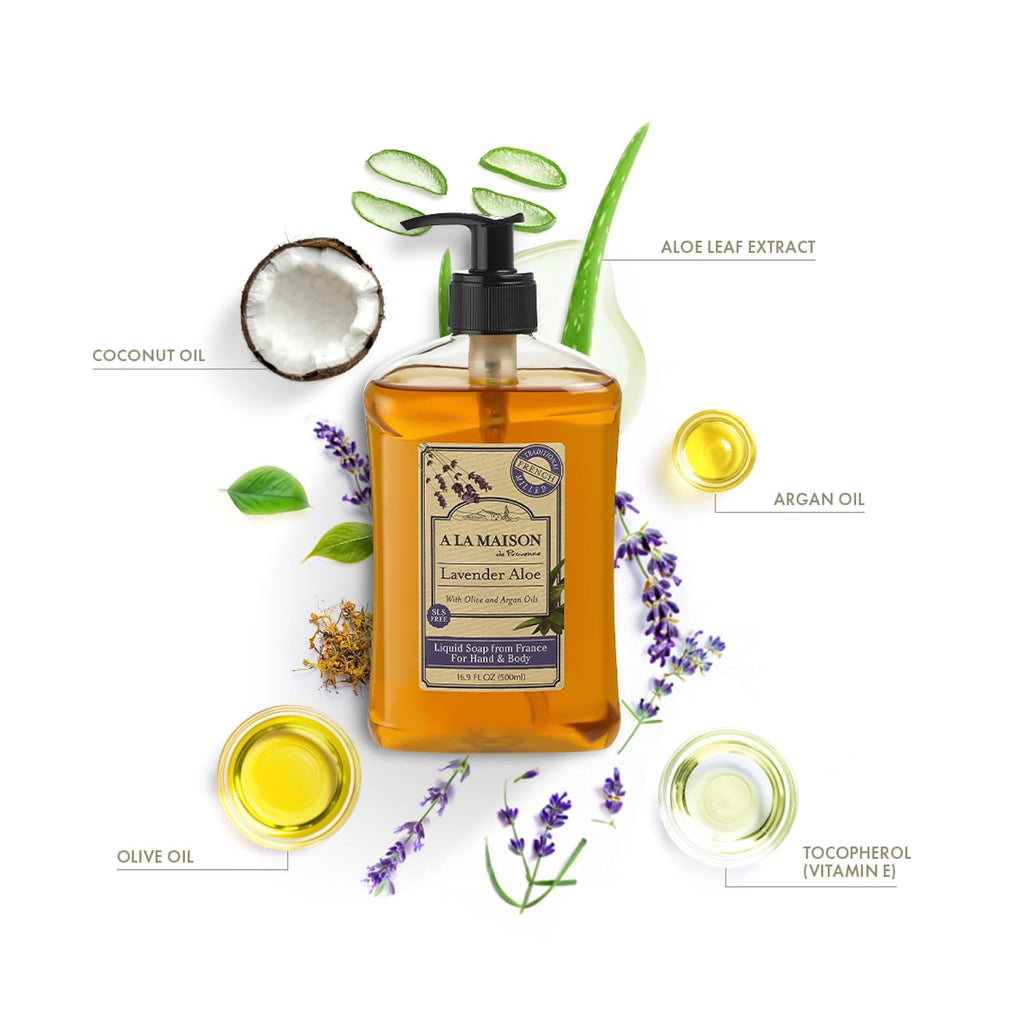 A LA MAISON Lavender Aloe French Liquid Hand Soap - Natural Hand Wash Made with Essential Oils - Biodegradable, Plant-Based, Vegan, Cruelty-Free, Alcohol & Paraben Free (16.9 oz, 3 Pack)