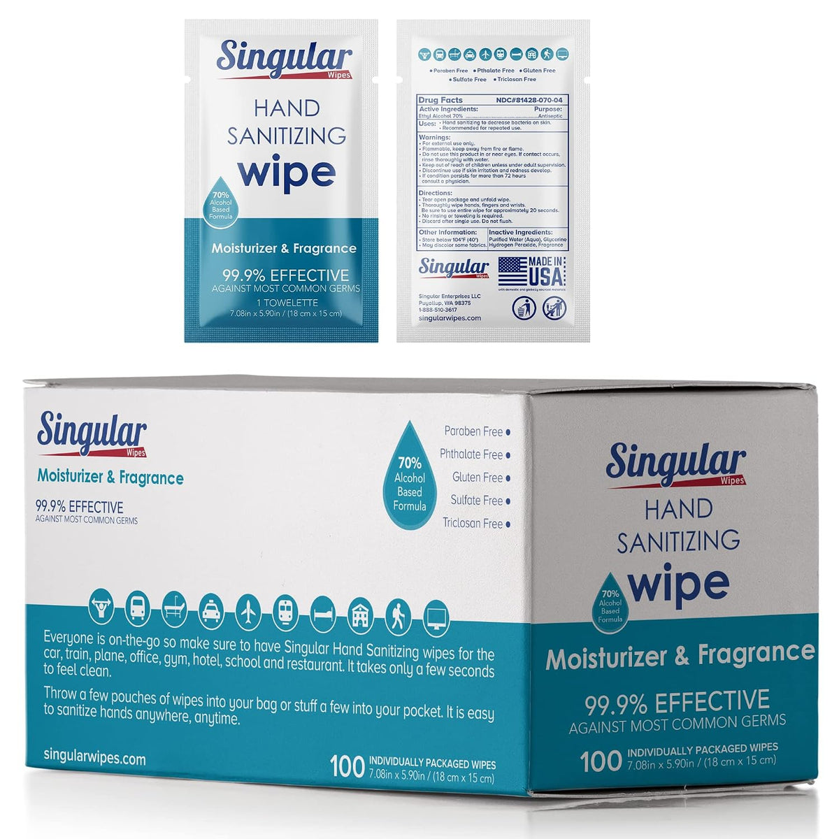 Hand Sanitizing Wipes Travel Size by Singular Wipes – 100ct Individually Wrapped | Fresh Citrus Scent, Moisturizing, 70% Alcohol Wipes | Travel, Office, School, Home
