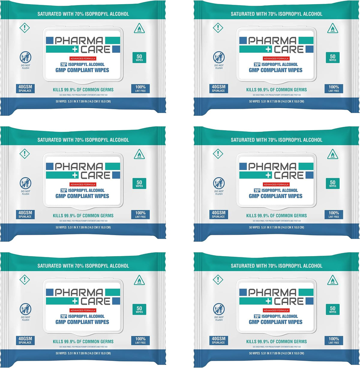 PharmaCare Advanced Formula 70% Alcohol Wipes - 6 Pack