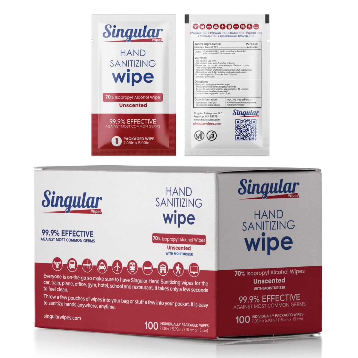 Hand Sanitizing Wipes Travel Size by Singular Wipes – 100ct Individually Wrapped | Fresh Citrus Scent, Moisturizing, 70% Alcohol Wipes | Travel, Office, School, Home