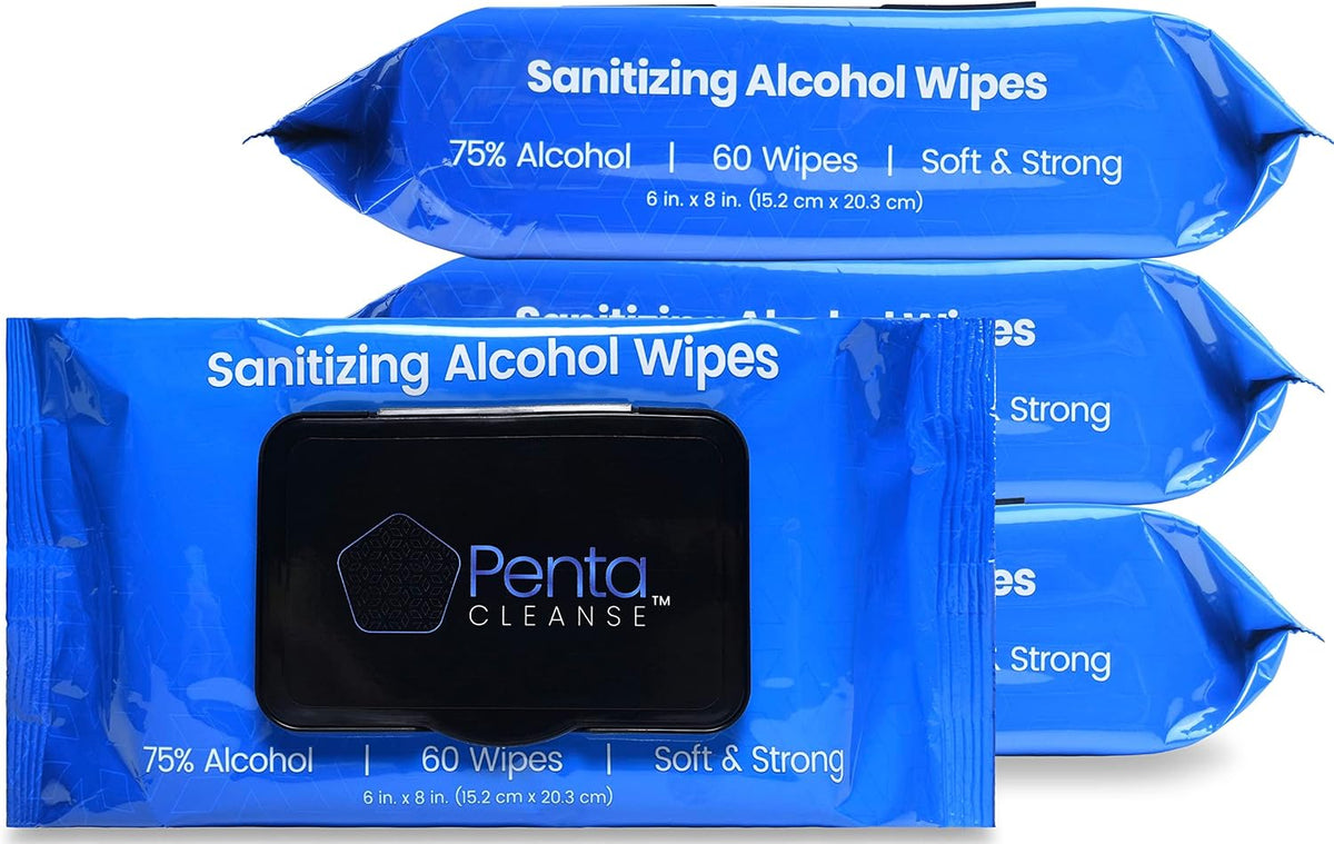 Advanced 75% Alcohol Hand Wipes - Sanitizing, Cleaning, FDA Registered, Pharmacist Developed, Moisture Seal Package, Size 6 x 8 Inch (15.2 x 20.3 cm), 4 Pack (240 Wipes Total)