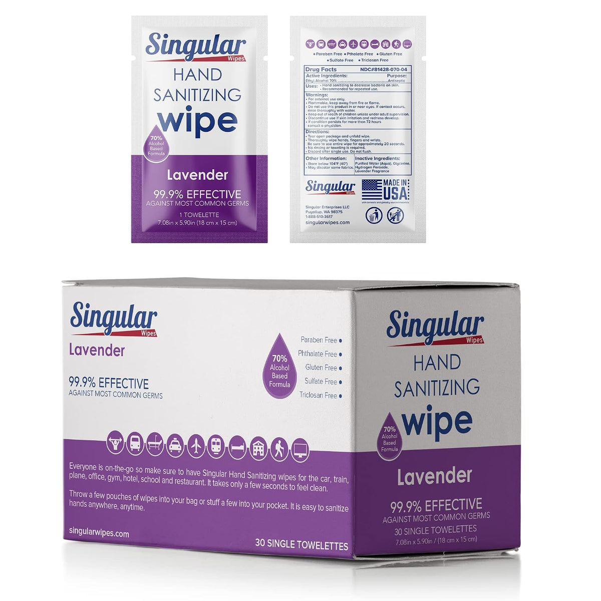Hand Sanitizing Wipes Travel Size by Singular Wipes – 30ct Individually Wrapped | Lavender Scent, Moisturizing, 70% Alcohol Wipes | Travel, Office, School, Home