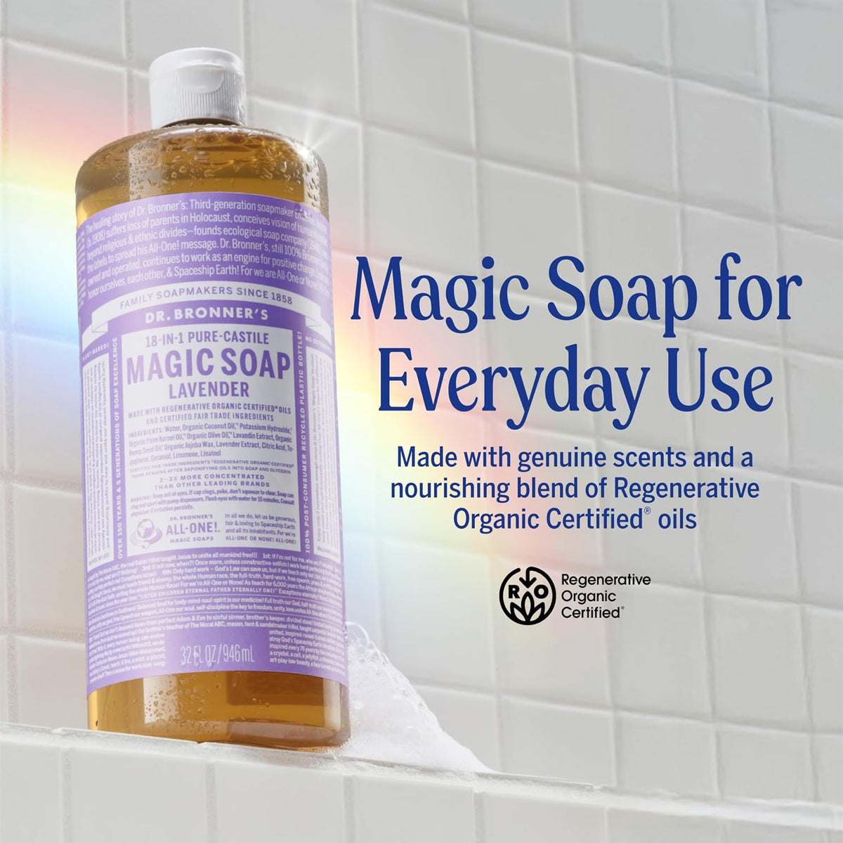 Dr. Bronner's Pure-Castile Liquid Soap, Made with Organic Oils, 18-in-1 Uses: Face, Body, Hair, Laundry, Pets and Dishes, Concentrated, Vegan, Non-GMO, Lavender, 32 Oz