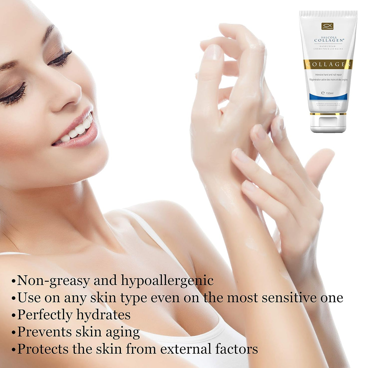 Salcoll Pure Bioactive Anti-Aging Collagen Repair Hand Cream - Hypoallergenic Moisturizing Lotion, Dry Skin Relief, All Skin Types, 150 ml