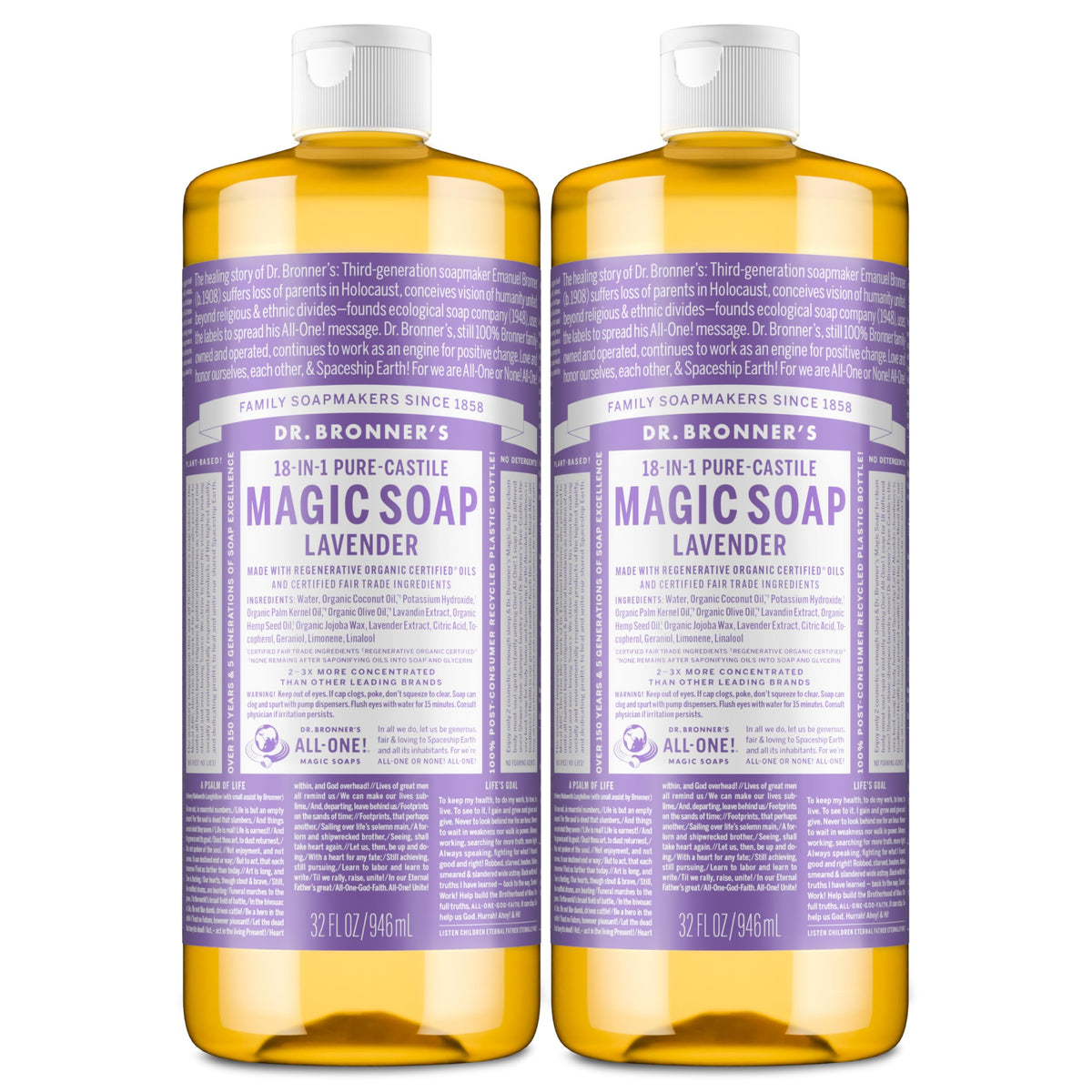 Dr. Bronner's Pure-Castile Liquid Soap, Made with Organic Oils, 18-in-1 Uses: Face, Body, Hair, Laundry, Pets and Dishes, Concentrated, Vegan, Non-GMO, Lavender, 32 Oz
