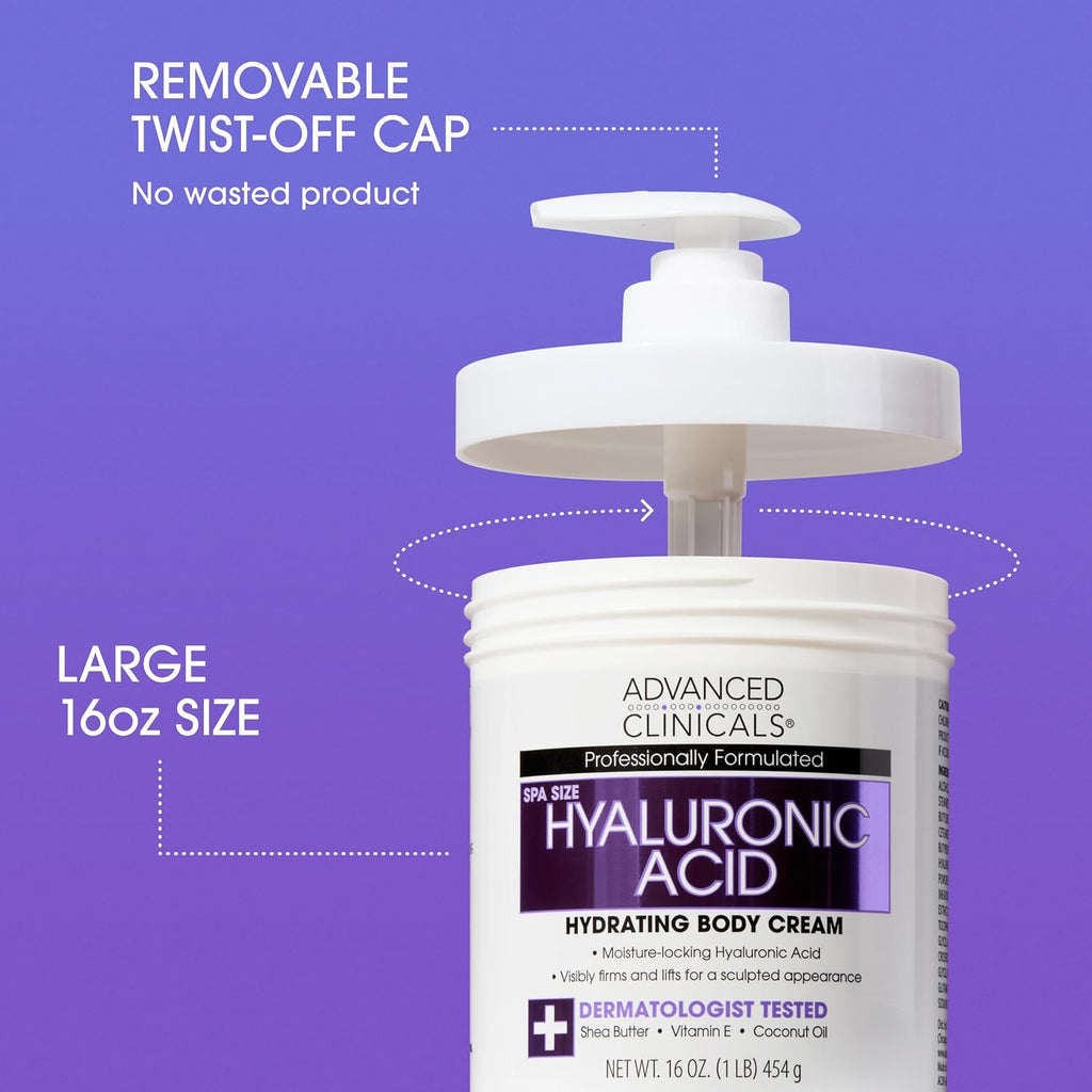 Advanced Clinicals Hyaluronic Acid Moisturizer Body Cream W/Vitamin E | Hydrating Cream & Body Lotion For Women & Men To Help Improve Look of Wrinkles, Dry Skin, Crepey Looking Skin, 16 Ounce