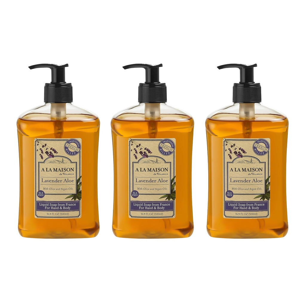 A LA MAISON Lavender Aloe French Liquid Hand Soap - Natural Hand Wash Made with Essential Oils - Biodegradable, Plant-Based, Vegan, Cruelty-Free, Alcohol & Paraben Free (16.9 oz, 3 Pack)