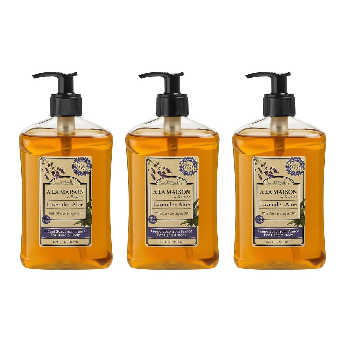 A LA MAISON Lavender Aloe French Liquid Hand Soap - Natural Hand Wash Made with Essential Oils - Biodegradable, Plant-Based, Vegan, Cruelty-Free, Alcohol & Paraben Free (16.9 oz, 3 Pack)