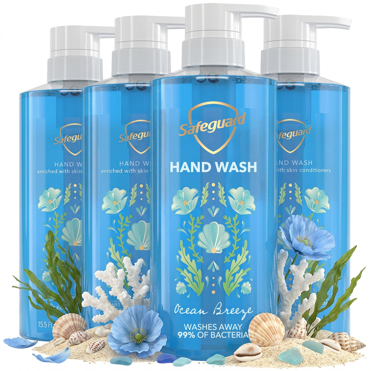 Safeguard Liquid Hand Soap, Micellar Deep Cleansing, Washes Away 99% Bacteria, Made with Natural Moisturizers, Enriched with Skin Conditioners, PH Balanced, Ocean Breeze Scent 15.5 oz (Pack of 4)