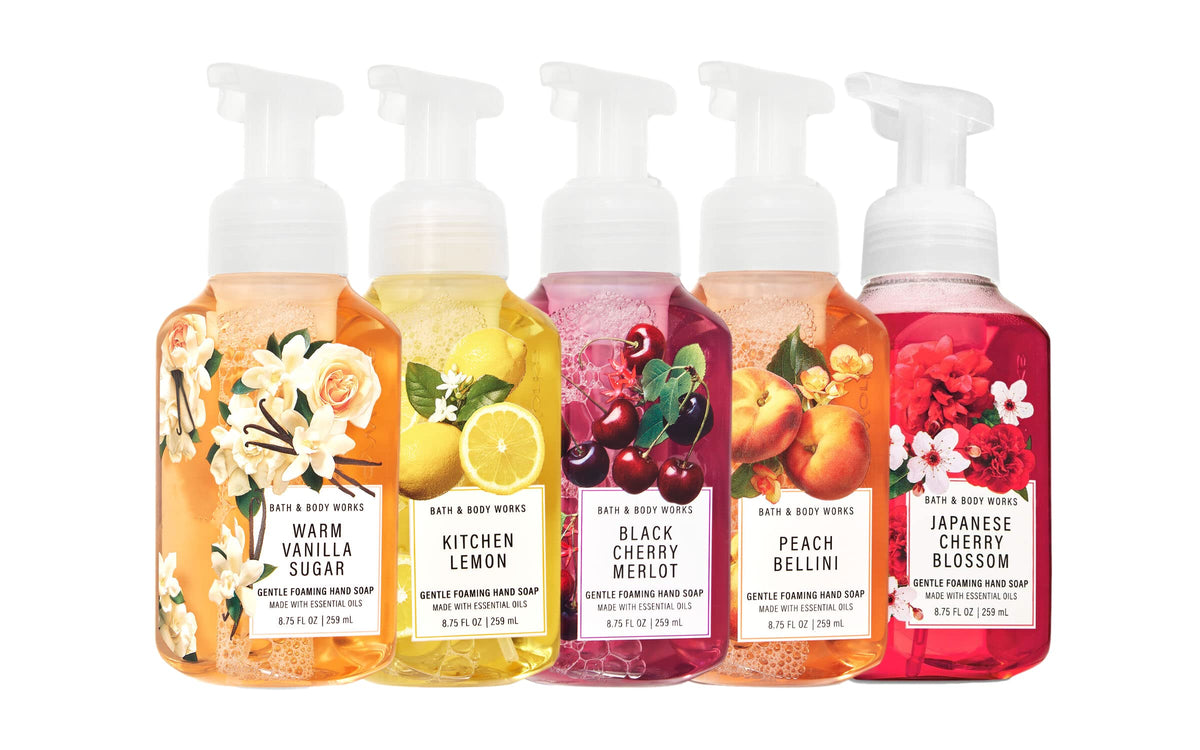 Bath and Body Works Gentle Foaming Hand Soap Kitchen Basics - Cozy Vanilla Almond, Crisp Morning Air, Mahogany Teakwood, Champagne Toast, White Tea and Sage, 8.75, Pack of 5