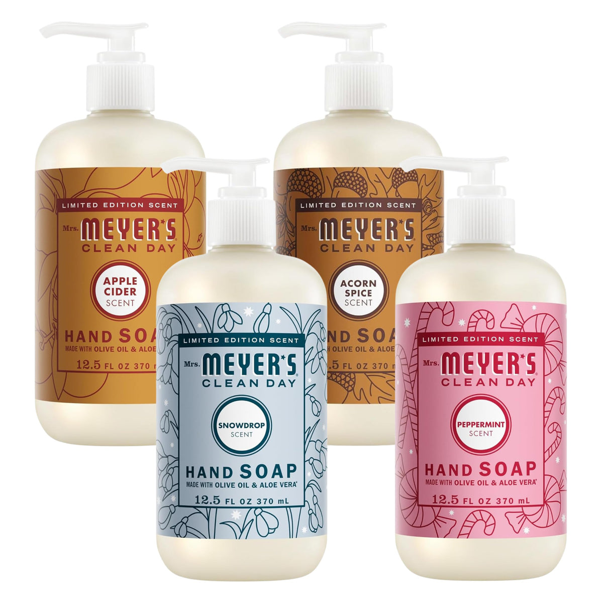 Mrs. MEYER'S CLEAN DAY Liquid Hand Soap Bottle, 12.5 Fl Oz Lilac, Rose, Mint, Lemon, Lavender, Basil (Pack of 6) (Variety Pack)