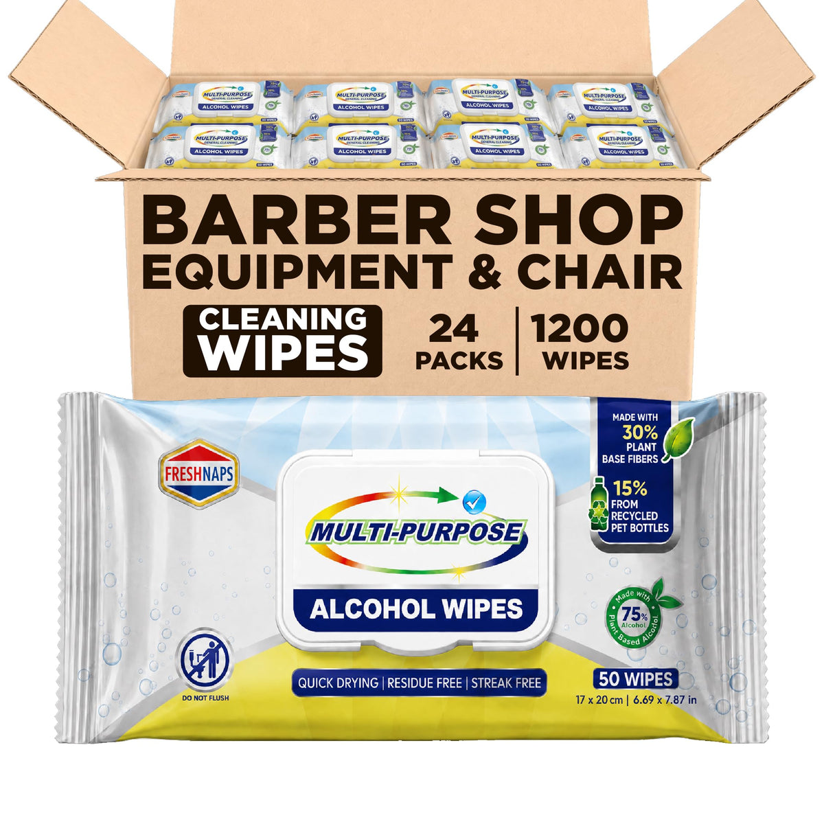 All-in-One Barber Shop Alcohol Surface Cleaning Wipes 50 Count/Pack (Pack of 4-200 Wipes) – One Wipe for the Whole Shop: Mirrors, Chairs, Stations, Clippers & Tools – Quick-Dry, Clean Finish