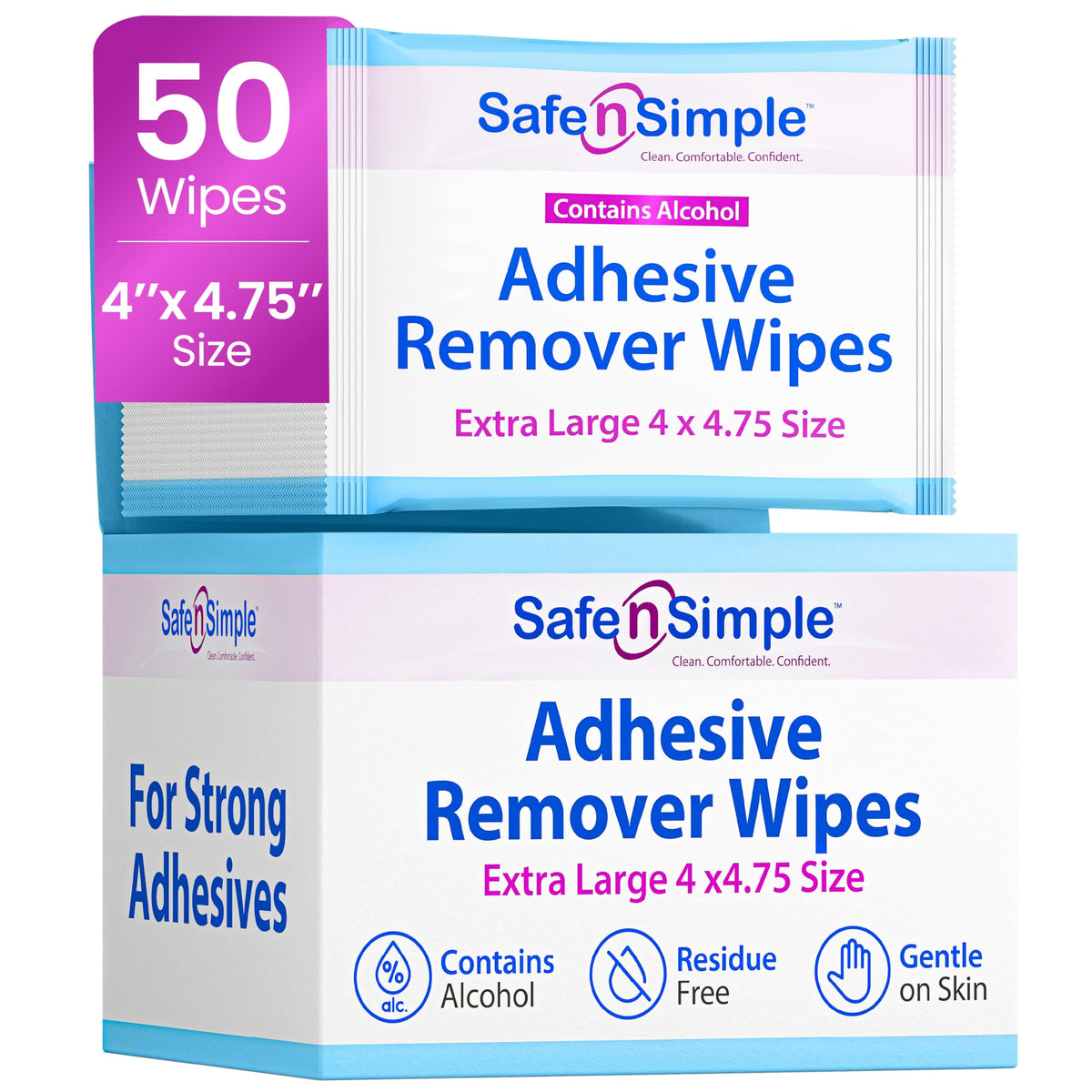 Safe n' Simple Adhesive Remover for Skin - 5"x7" 50 Wipes - Stoma Adhesive Remover Wipes - Alcohol Free Wipes for Sensitive Skin - No Sting Adhesive Remover Wipes