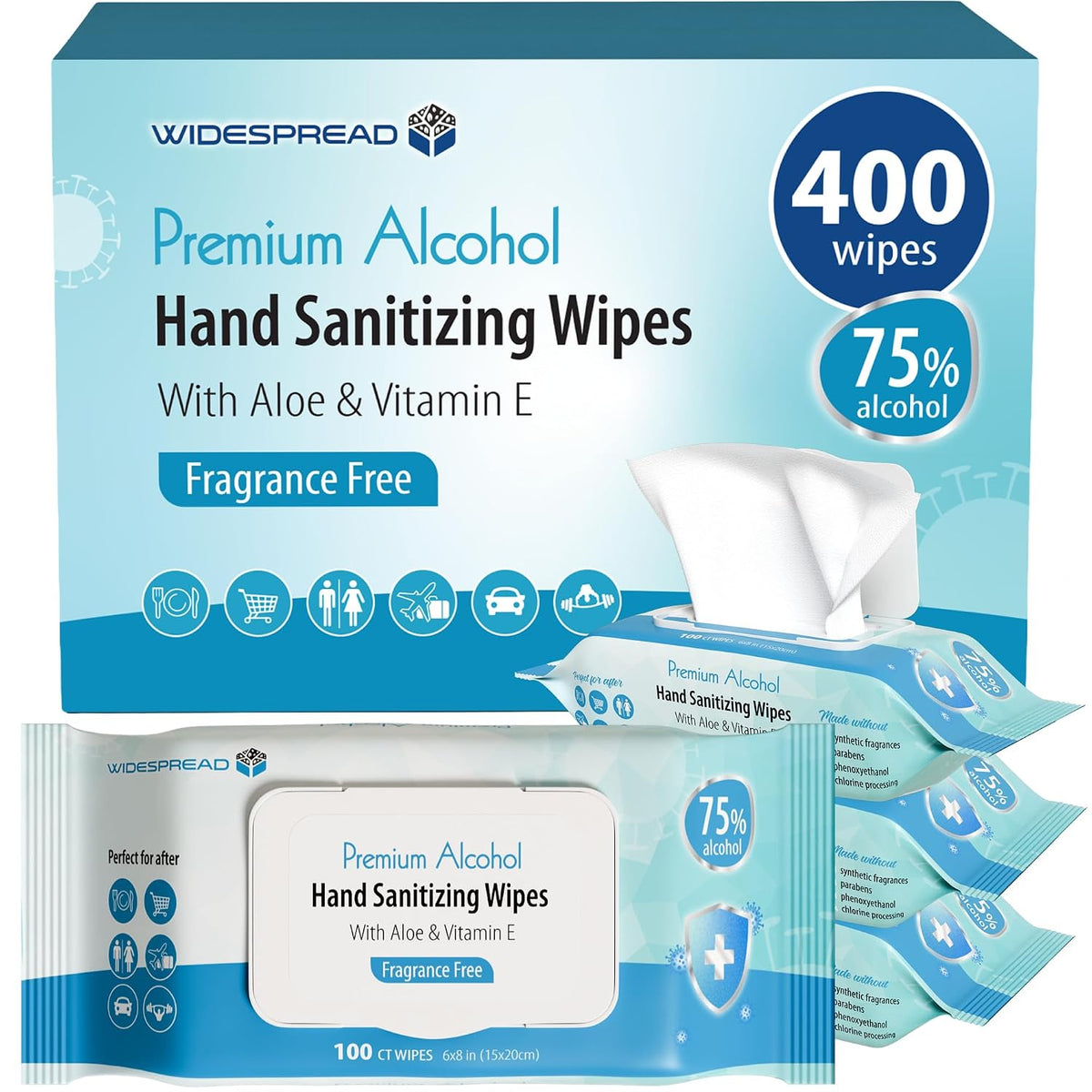 Large 75% Alcohol Wipes (4-100ct Pks, 400 Ct) – Unscented Hand Sanitizing Wipes, for Home, Office, Travel, Classroom and Camping