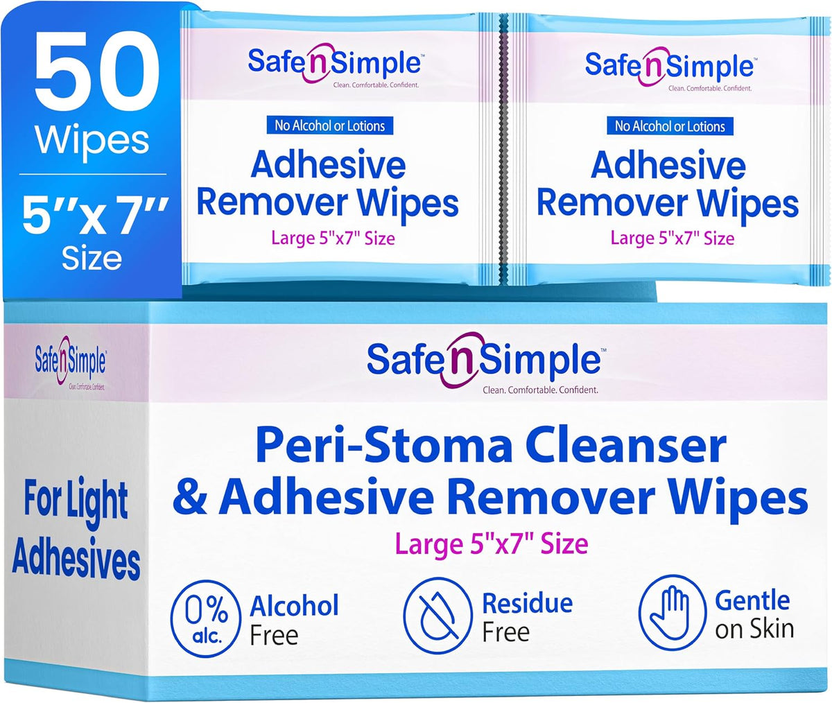 Safe n' Simple Adhesive Remover for Skin - 5"x7" 50 Wipes - Stoma Adhesive Remover Wipes - Alcohol Free Wipes for Sensitive Skin - No Sting Adhesive Remover Wipes