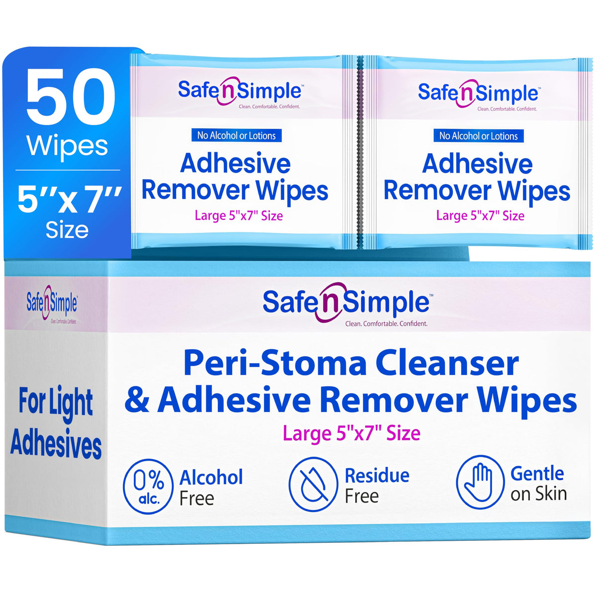 Safe n' Simple Adhesive Remover for Skin - 5"x7" 50 Wipes - Stoma Adhesive Remover Wipes - Alcohol Free Wipes for Sensitive Skin - No Sting Adhesive Remover Wipes