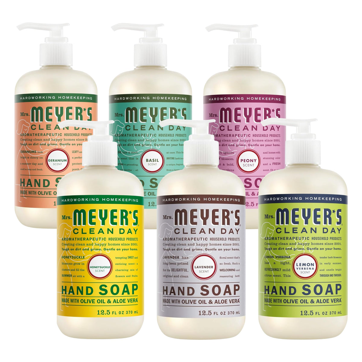 MRS. MEYER'S Liquid Hand Soap 12.5 OZ Scents Variety Pack 6 ( Rosemary, Basil, Geranium, Honeysuckle, Lavender, and Lemon Verbena)