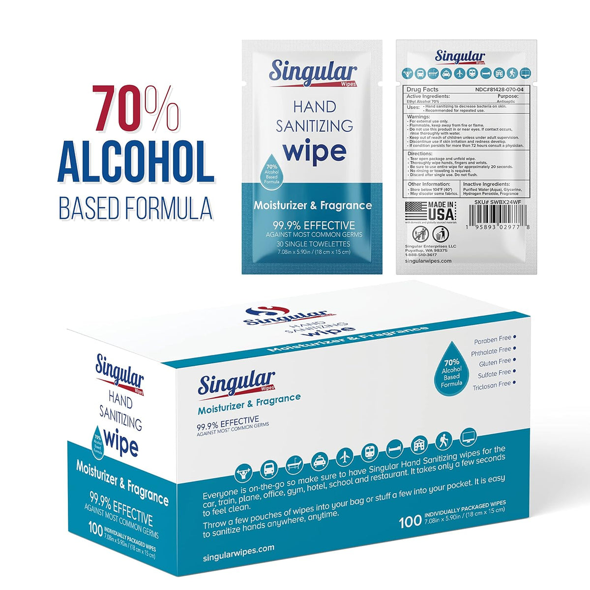 Hand Sanitizing Wipes Travel Size by Singular Wipes – 100ct Individually Wrapped | Fresh Citrus Scent, Moisturizing, 70% Alcohol Wipes | Travel, Office, School, Home
