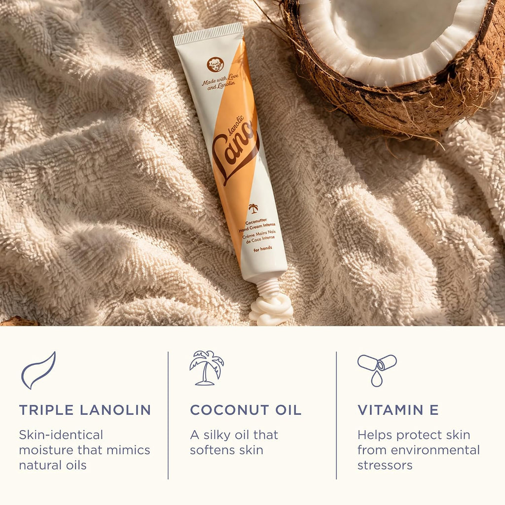 Lanolips Hand Cream - Lanolin Lotion with Coconut Oil, Shea Butter & Vitamin E - Cuticle & Hand Cream for Dry Cracked Hands - Cruelty-Free, Dermatologist Tested - Coconutter (50ml / 1.69 fl oz)