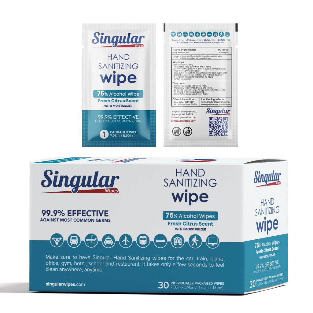 Hand Sanitizing Wipes Travel Size by Singular Wipes – 100ct Individually Wrapped | Fresh Citrus Scent, Moisturizing, 70% Alcohol Wipes | Travel, Office, School, Home