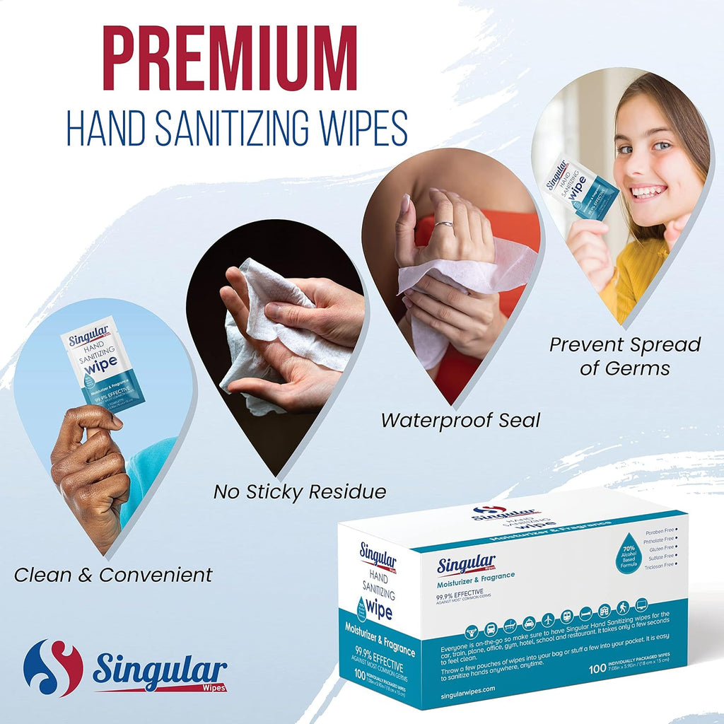 Hand Sanitizing Wipes Travel Size by Singular Wipes – 100ct Individually Wrapped | Fresh Citrus Scent, Moisturizing, 70% Alcohol Wipes | Travel, Office, School, Home