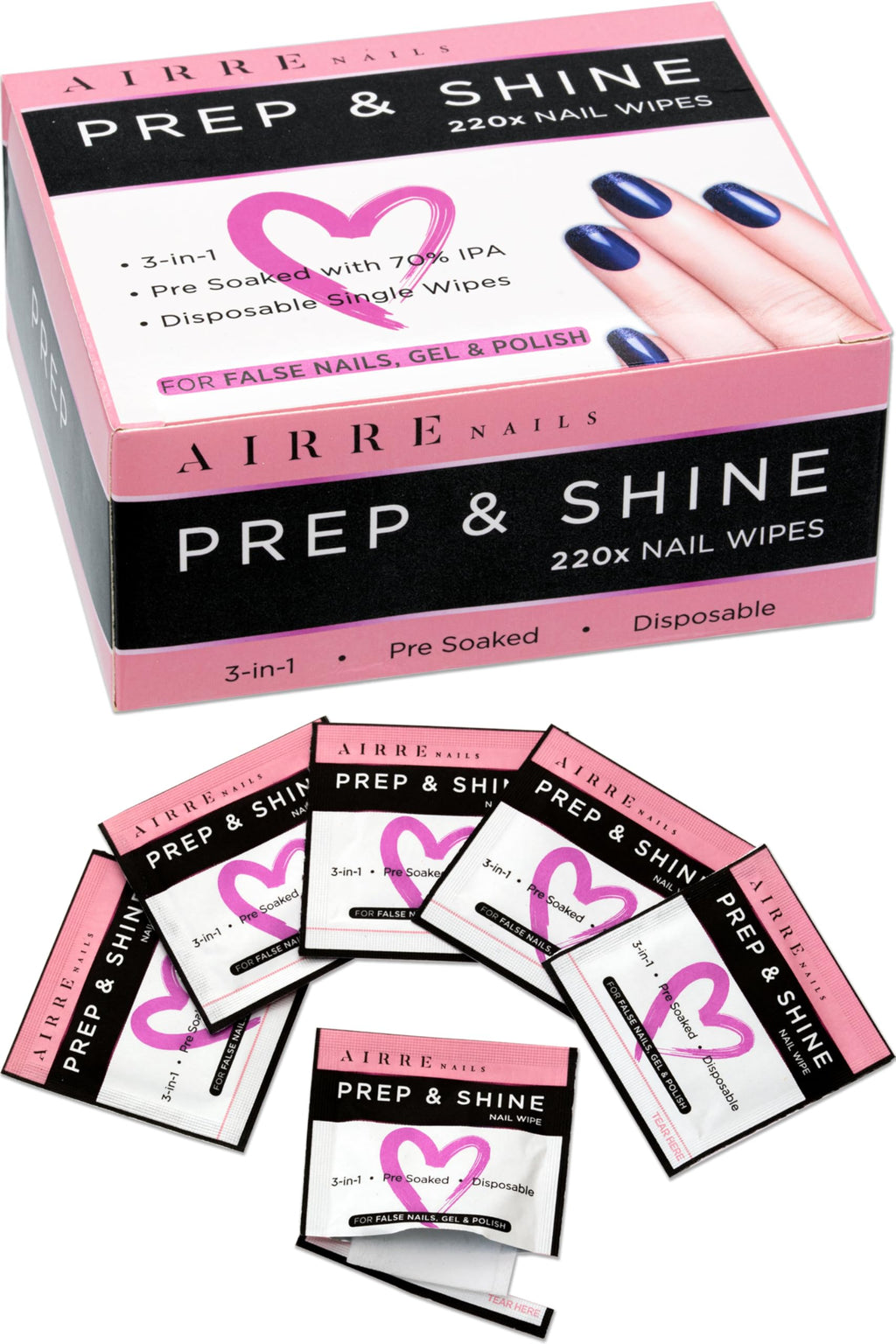 50 AIRRE NAILS Prep & Wipe Alcohol Nail Wipes 3in1 Lint-Free Prep & Shine Cleanser Pads for Gel Polish Sticky Residue & Tacky Layer Remover After UV/LED Curing – For Gel, Acrylic & False Nails & Tips