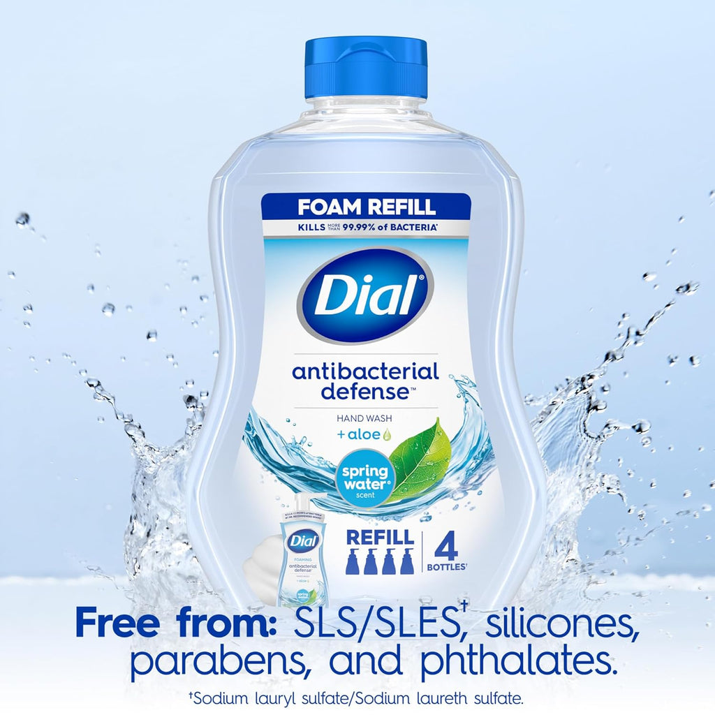 Dial Antibacterial Defense Foaming Hand Soap + Aloe, Spring Water Scent, 30 Fl Oz Hand Soap Refill (4 Pack), Dermatologist-Tested, Gentle on Skin