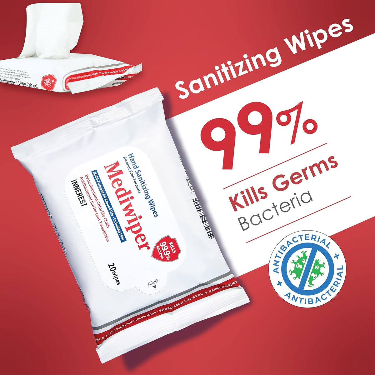 MEDIWIPER 80ct Unscnted Alcohol-Free Hand Sanitizing Wipes, Wet Wipe, Hand Sanitizer (320 Wipes (80 * 4))