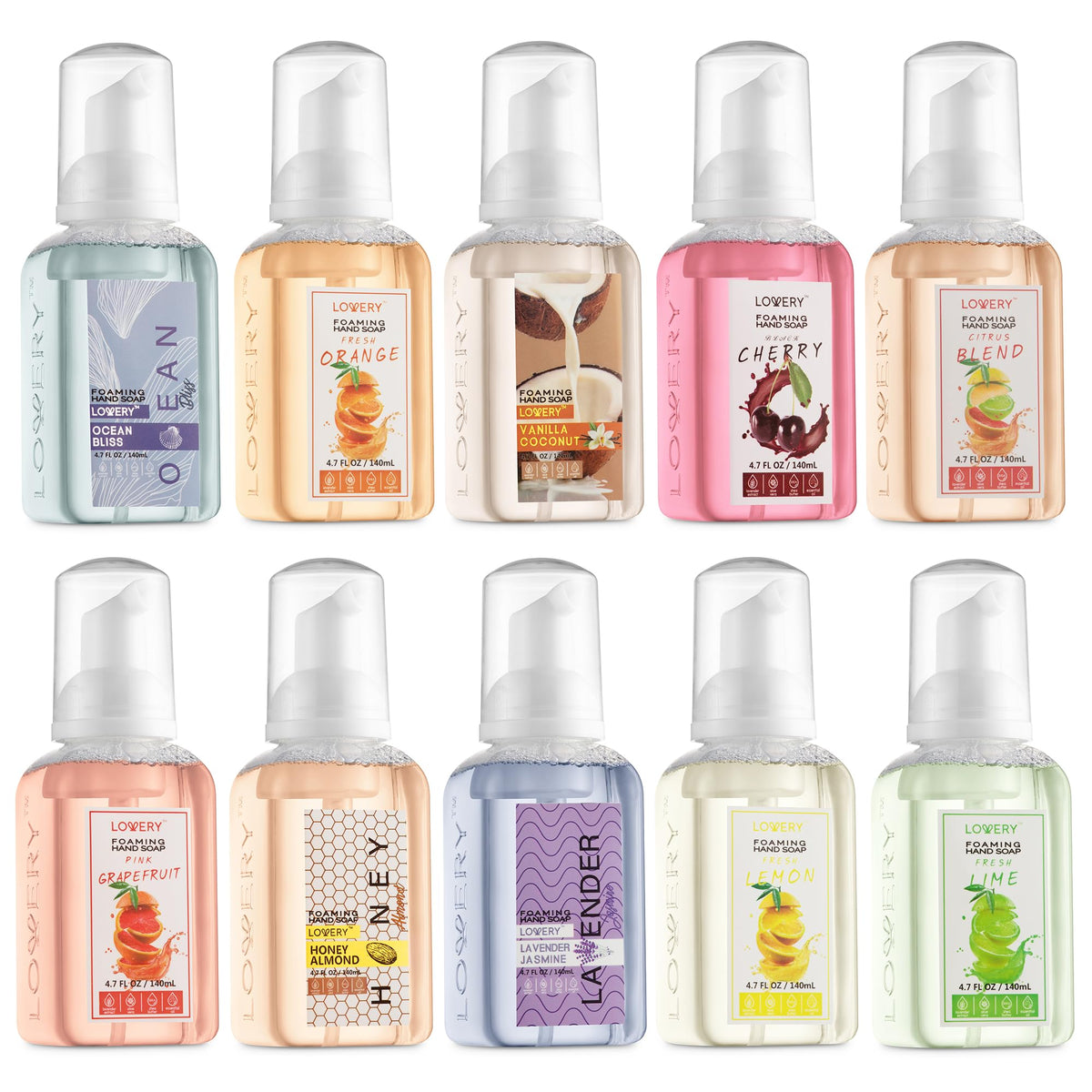 Foaming Hand Soap 10 Pack, Moisturizing W Aloe Vera & Essential Oils - Alcohol-Free Citrus Blend, Lemon, Orange, Lime, Grapefruit, Black Cherry Fragrances & More Hand Wash for Kitchen and Bathroom