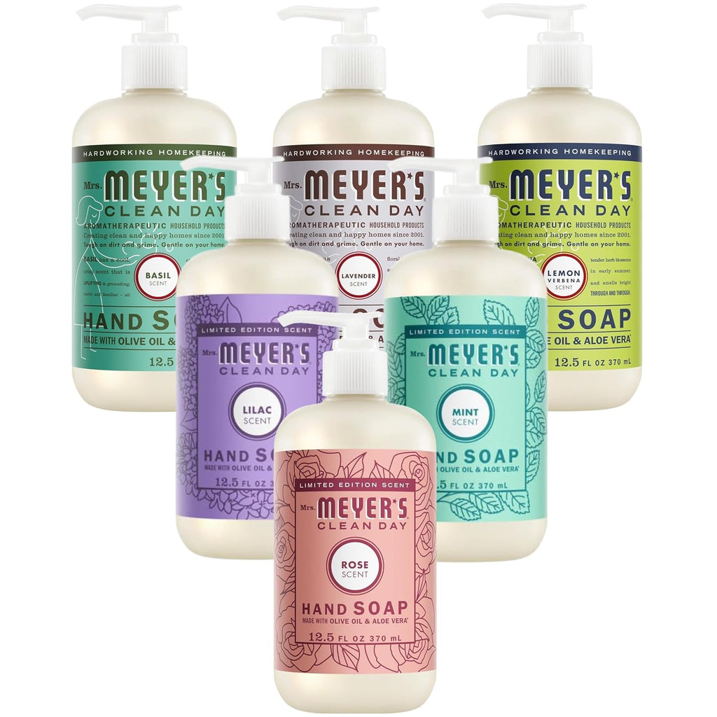 Mrs. MEYER'S CLEAN DAY Liquid Hand Soap Bottle, 12.5 Fl Oz Lilac, Rose, Mint, Lemon, Lavender, Basil (Pack of 6) (Variety Pack)