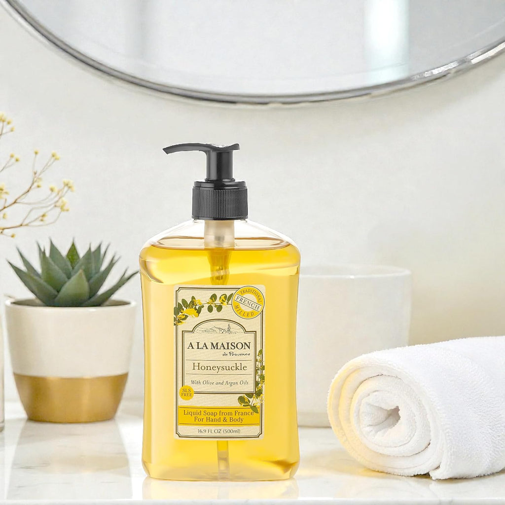 A LA MAISON Honeysuckle French Liquid Hand Soap - Natural Hand Wash Made with Essential Oils - Biodegradable, Plant-Based, Vegan, Cruelty-Free, Alcohol & Paraben Free (16.9 oz, 3 Pack)