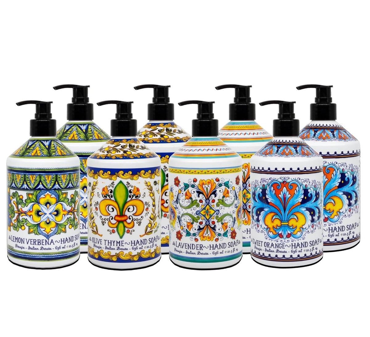 Perugia Italian Deruta Hand Soap - 21.5 fl oz Bottles - 8 pack - Lavendar, Sweet Orange, Lemon Verbana, and Olive Thyme