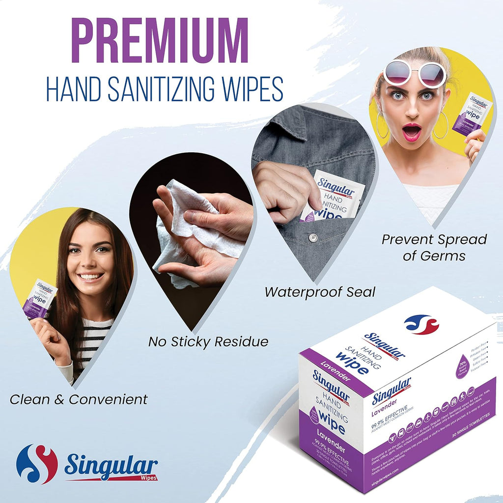 Hand Sanitizing Wipes Travel Size by Singular Wipes – 30ct Individually Wrapped | Lavender Scent, Moisturizing, 70% Alcohol Wipes | Travel, Office, School, Home