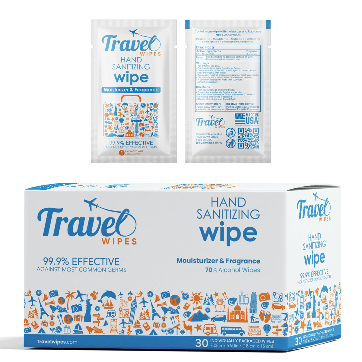 Hand Sanitizing Travel Wipes – 30ct Individually Wrapped | Fragrance-Free, Moisturizing, 70% Isopropyl Alcohol Wipes | Travel, Home, Office, Daily Use
