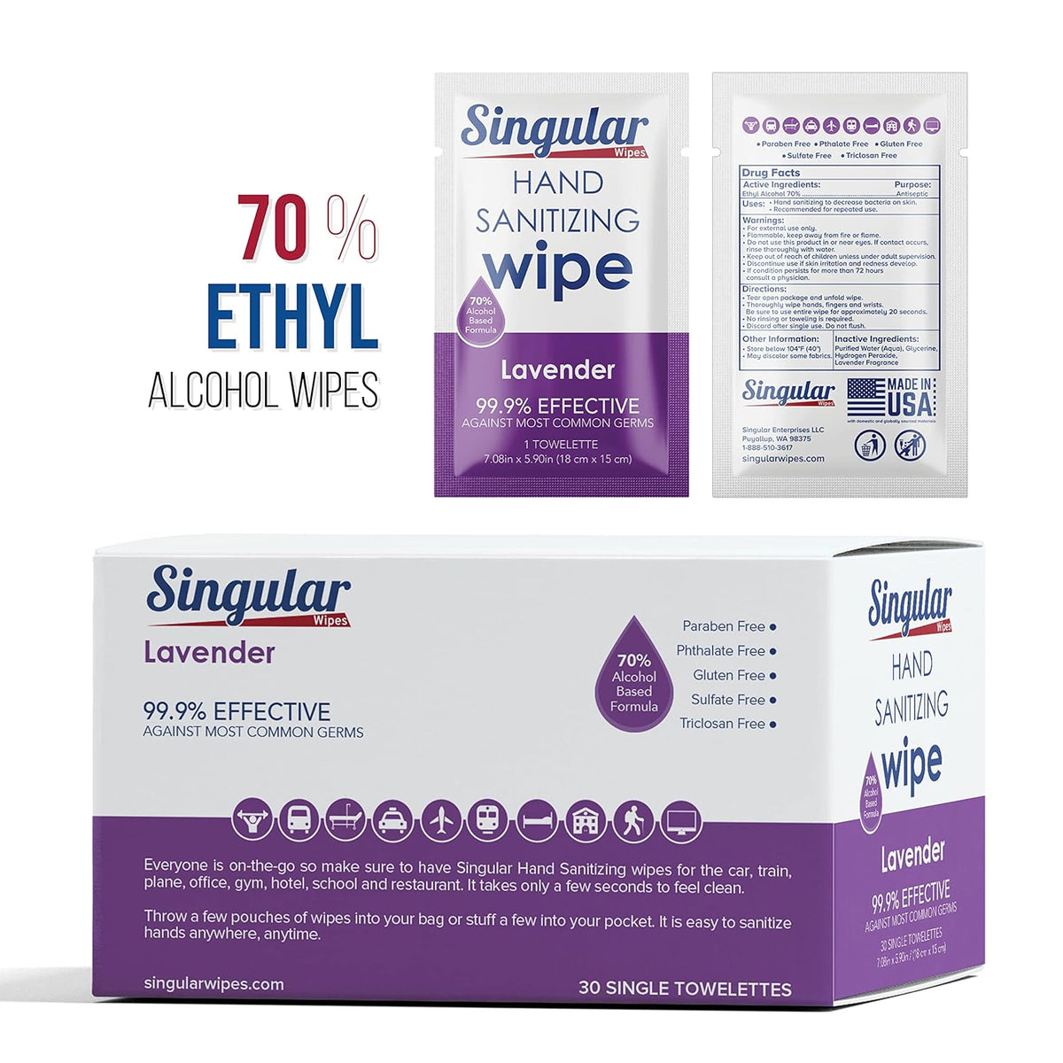 Hand Sanitizing Wipes Travel Size by Singular Wipes – 30ct Individually Wrapped | Lavender Scent, Moisturizing, 70% Alcohol Wipes | Travel, Office, School, Home