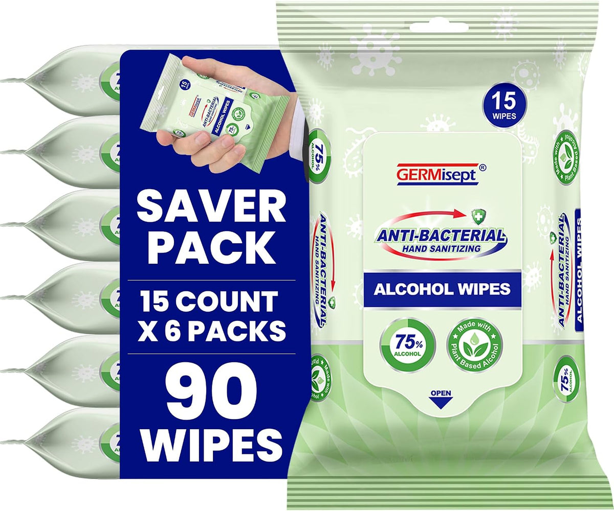 Germisept Advanced 75% Alcohol Hand Sanitizer Pocket Friendly Wipes (15 Count x 6 Pack = 120 Wipes) Bulk Buy