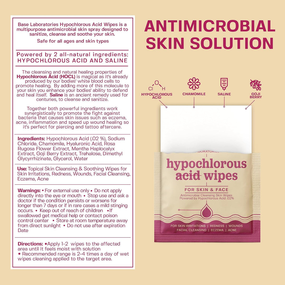 BASE LABORATORIES Hypochlorous Acid Wipes for Face & Skin, Facial Cleansing