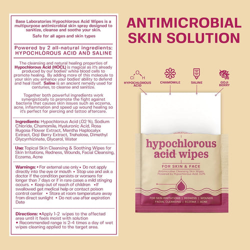 BASE LABORATORIES Hypochlorous Acid Wipes for Face & Skin, Facial Cleansing