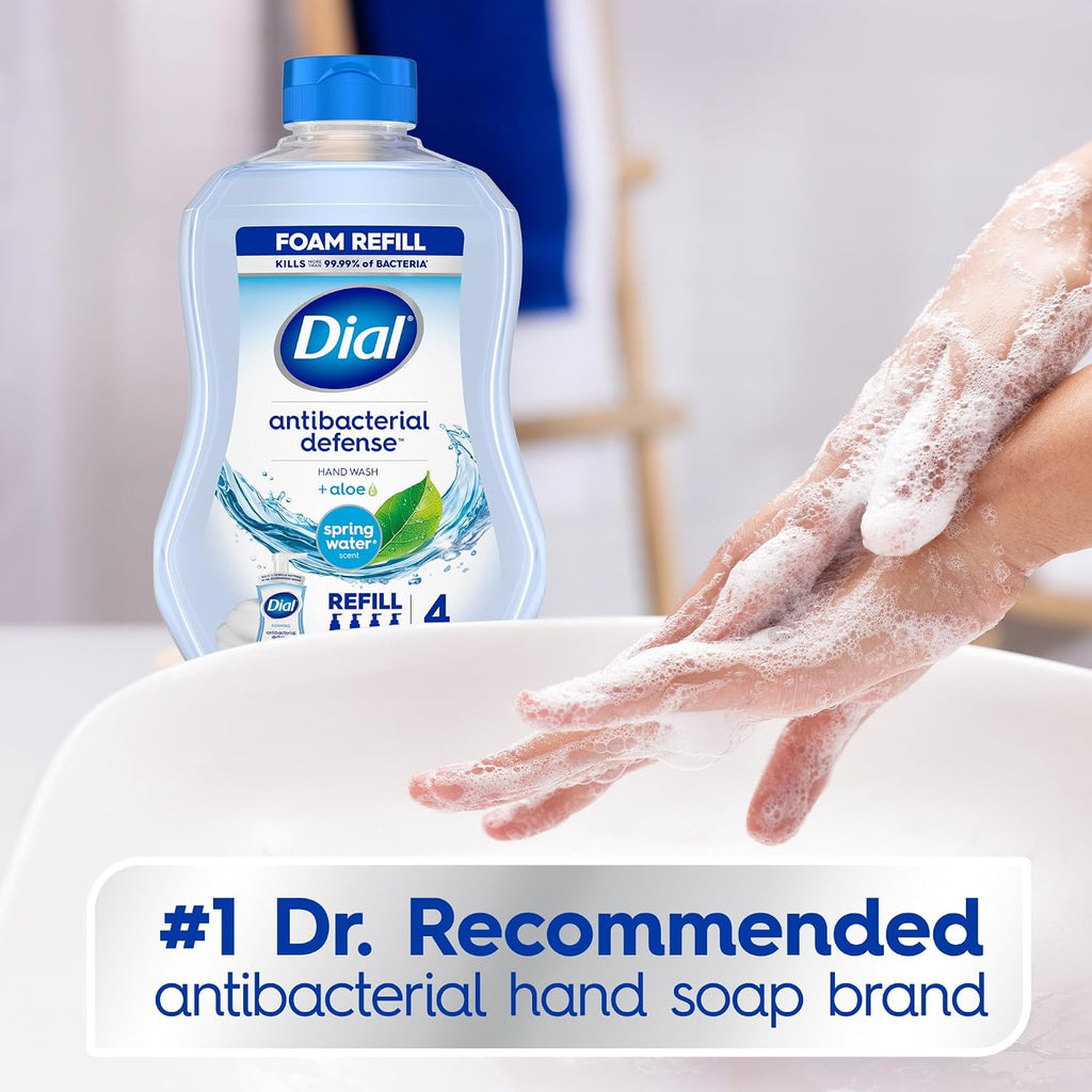 Dial Antibacterial Defense Foaming Hand Soap + Aloe, Spring Water Scent, 30 Fl Oz Hand Soap Refill (4 Pack), Dermatologist-Tested, Gentle on Skin