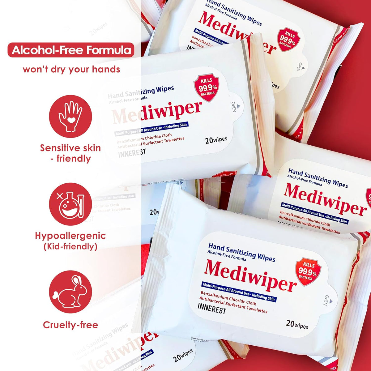 MEDIWIPER 80ct Unscnted Alcohol-Free Hand Sanitizing Wipes, Wet Wipe, Hand Sanitizer (320 Wipes (80 * 4))