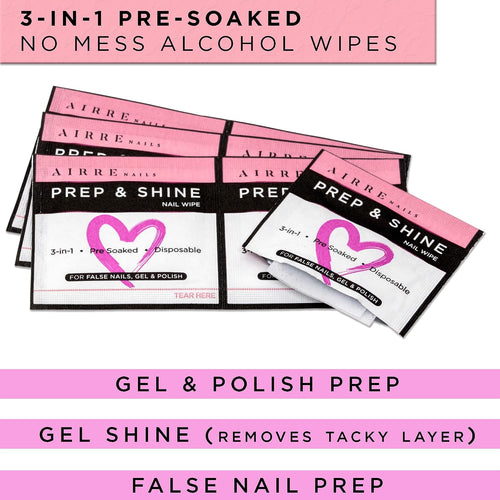 50 AIRRE NAILS Prep & Wipe Alcohol Nail Wipes 3in1 Lint-Free Prep & Shine Cleanser Pads for Gel Polish Sticky Residue & Tacky Layer Remover After UV/LED Curing – For Gel, Acrylic & False Nails & Tips