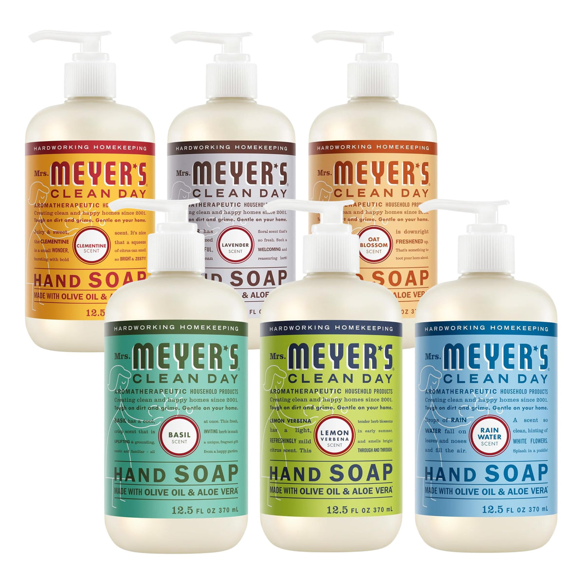 MRS. MEYER'S Liquid Hand Soap 12.5 OZ Scents Variety Pack 6 ( Rosemary, Basil, Geranium, Honeysuckle, Lavender, and Lemon Verbena)