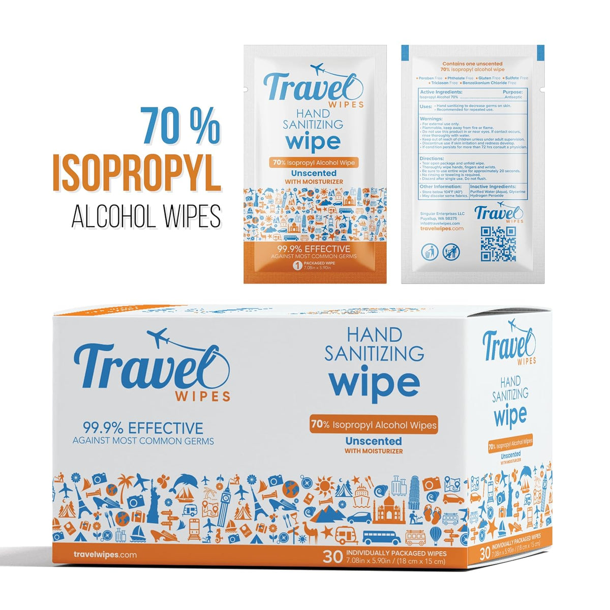 Hand Sanitizing Travel Wipes – 30ct Individually Wrapped | Fragrance-Free, Moisturizing, 70% Isopropyl Alcohol Wipes | Travel, Home, Office, Daily Use