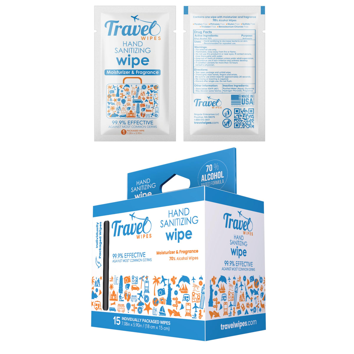 Hand Sanitizing Travel Wipes – 30ct Individually Wrapped | Fragrance-Free, Moisturizing, 70% Isopropyl Alcohol Wipes | Travel, Home, Office, Daily Use